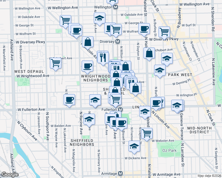map of restaurants, bars, coffee shops, grocery stores, and more near 1010 West Altgeld Street in Chicago