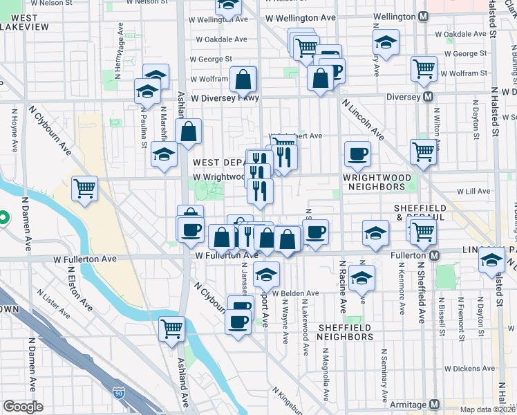map of restaurants, bars, coffee shops, grocery stores, and more near 2531 North Southport Avenue in Chicago