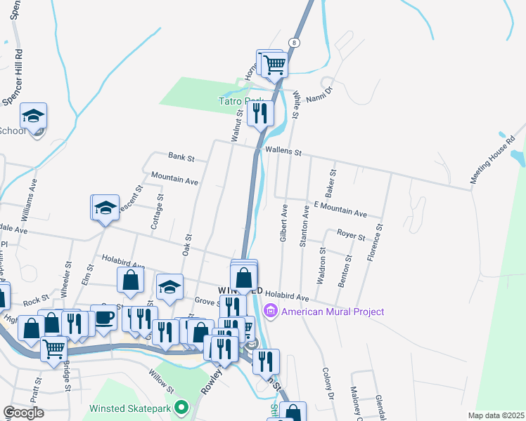 map of restaurants, bars, coffee shops, grocery stores, and more near 239 North Main Street in Winsted
