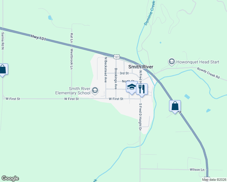 map of restaurants, bars, coffee shops, grocery stores, and more near 229 North Beckstead Avenue in Smith River