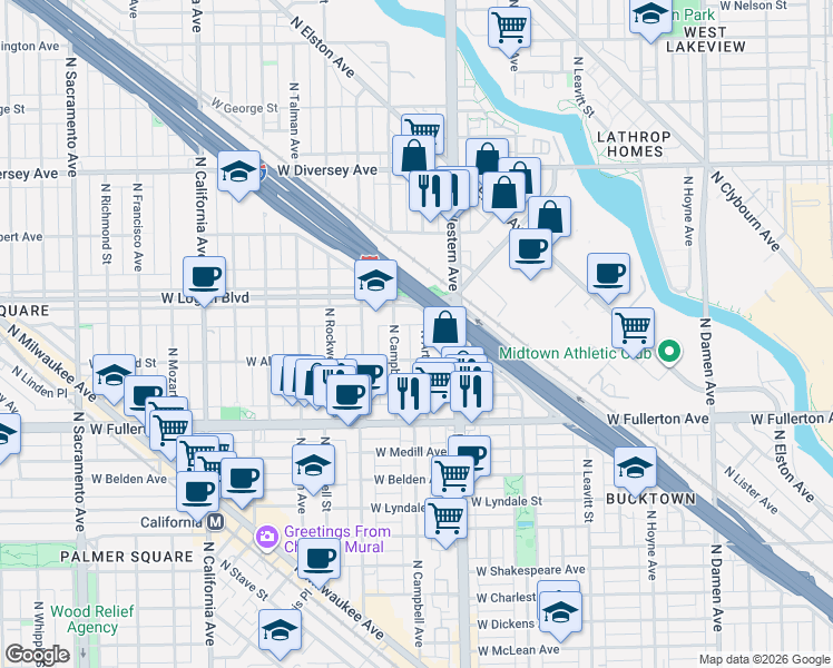 map of restaurants, bars, coffee shops, grocery stores, and more near 2459 West Logan Boulevard in Chicago