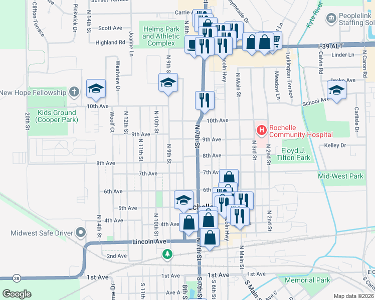 map of restaurants, bars, coffee shops, grocery stores, and more near 837 North 8th Street in Rochelle