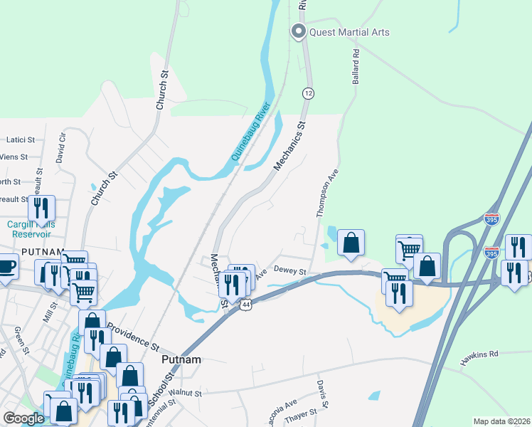 map of restaurants, bars, coffee shops, grocery stores, and more near 125 Groveland Avenue in Putnam