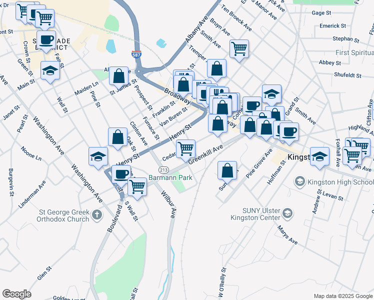 map of restaurants, bars, coffee shops, grocery stores, and more near 96 Cedar Street in Kingston