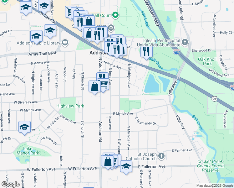 map of restaurants, bars, coffee shops, grocery stores, and more near 17 North Iowa Avenue in Addison