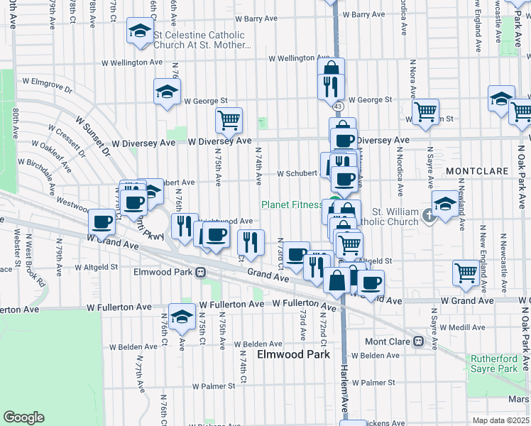 map of restaurants, bars, coffee shops, grocery stores, and more near 2620 North 74th Avenue in Elmwood Park