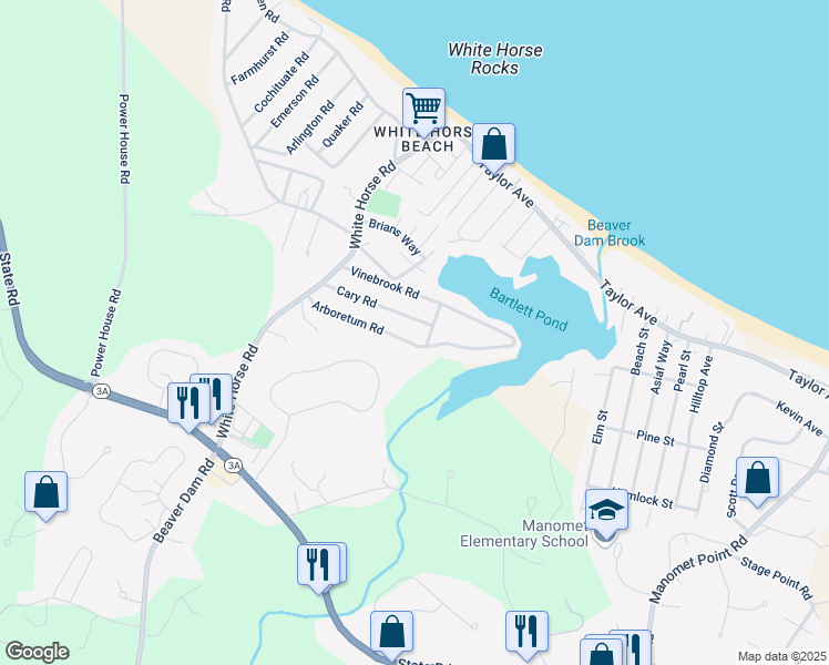 map of restaurants, bars, coffee shops, grocery stores, and more near 35 Cary Road in Plymouth