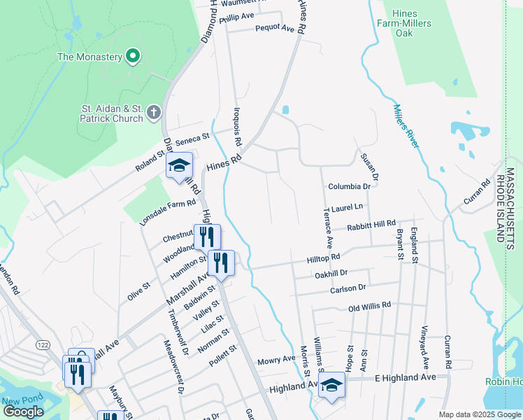 map of restaurants, bars, coffee shops, grocery stores, and more near 35 Brookdale Street in Cumberland