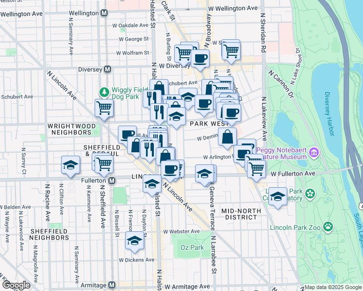map of restaurants, bars, coffee shops, grocery stores, and more near 2500 North Orchard Street in Chicago