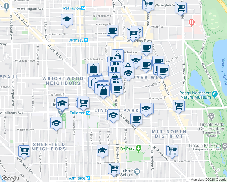 map of restaurants, bars, coffee shops, grocery stores, and more near 815 West Lill Avenue in Chicago