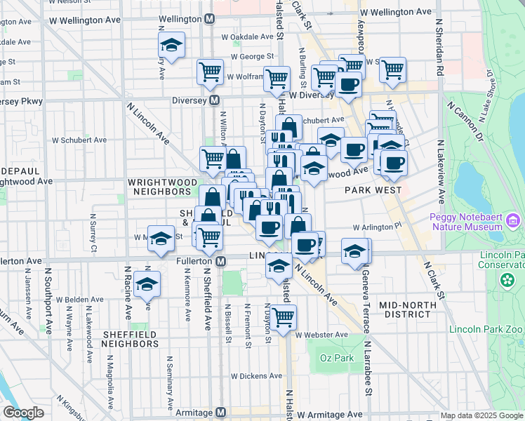 map of restaurants, bars, coffee shops, grocery stores, and more near 815 West Lill Avenue in Chicago