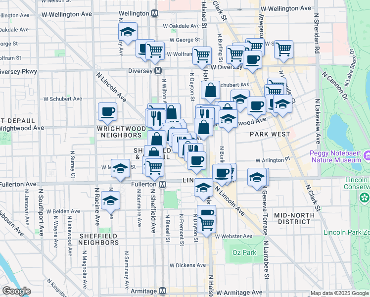map of restaurants, bars, coffee shops, grocery stores, and more near 855 West Lill Avenue in Chicago
