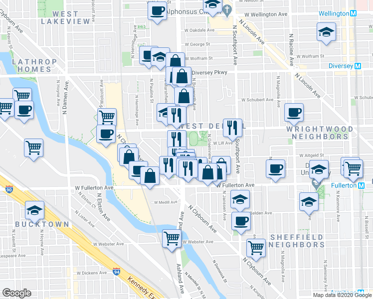 map of restaurants, bars, coffee shops, grocery stores, and more near 2533 North Ashland Avenue in Chicago