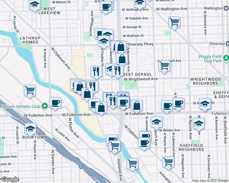 map of restaurants, bars, coffee shops, grocery stores, and more near 2537 North Marshfield Avenue in Chicago