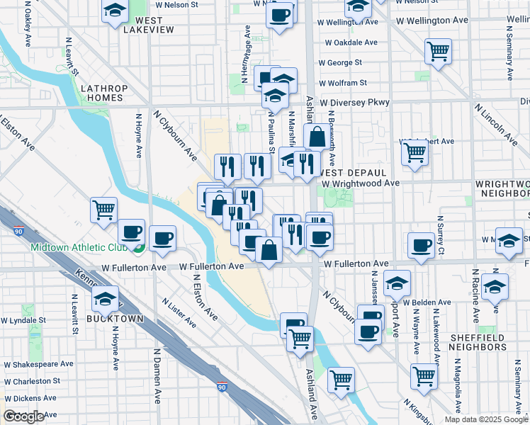 map of restaurants, bars, coffee shops, grocery stores, and more near 1740 West Altgeld Street in Chicago