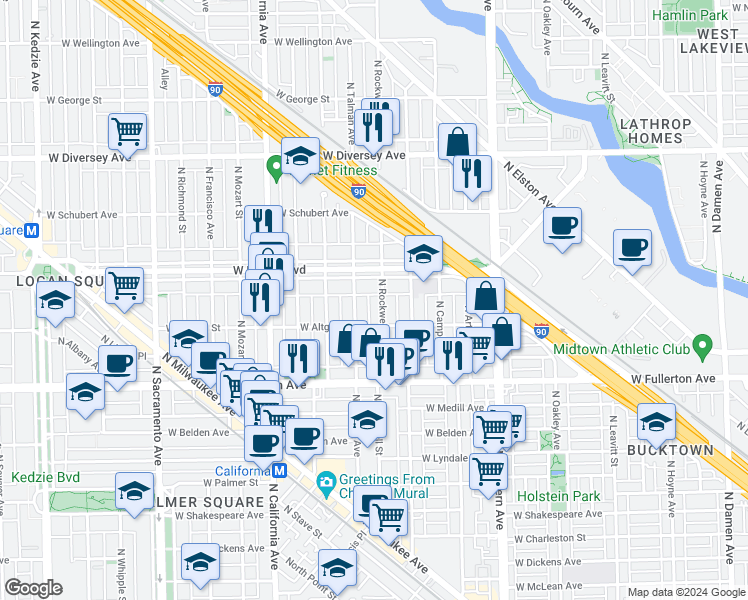 map of restaurants, bars, coffee shops, grocery stores, and more near 2603 West Logan Boulevard in Chicago