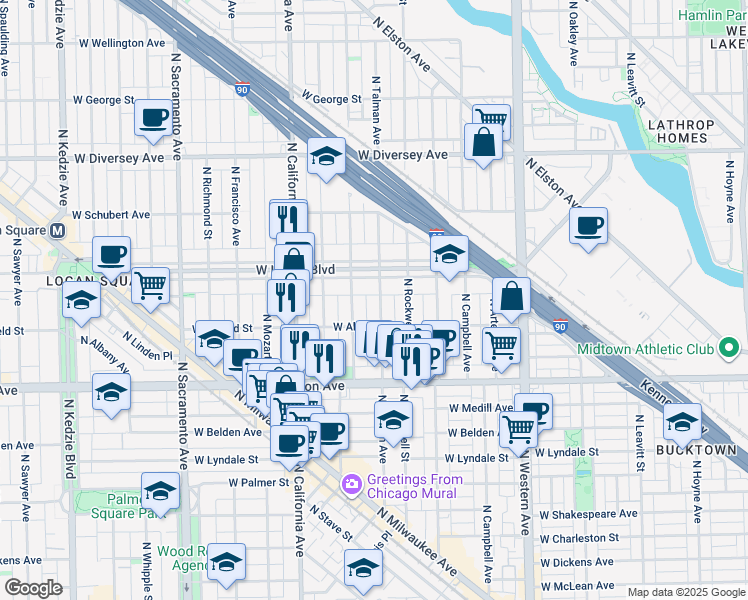 map of restaurants, bars, coffee shops, grocery stores, and more near 2647 West Logan Boulevard in Chicago