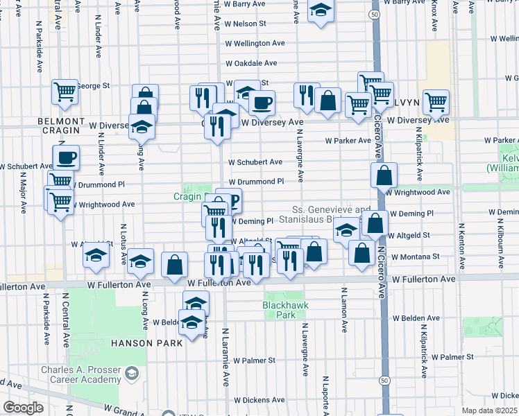 map of restaurants, bars, coffee shops, grocery stores, and more near 5112 West Wrightwood Avenue in Chicago