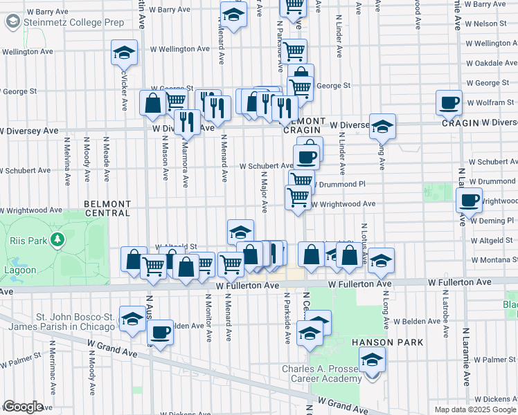 map of restaurants, bars, coffee shops, grocery stores, and more near 2613 North Mango Avenue in Chicago