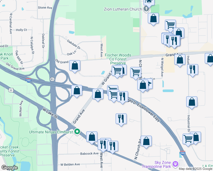 map of restaurants, bars, coffee shops, grocery stores, and more near 530 West Grand Avenue in Elmhurst