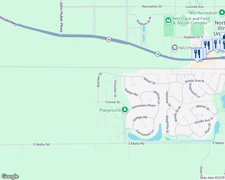 map of restaurants, bars, coffee shops, grocery stores, and more near 348 Thresher Street in DeKalb