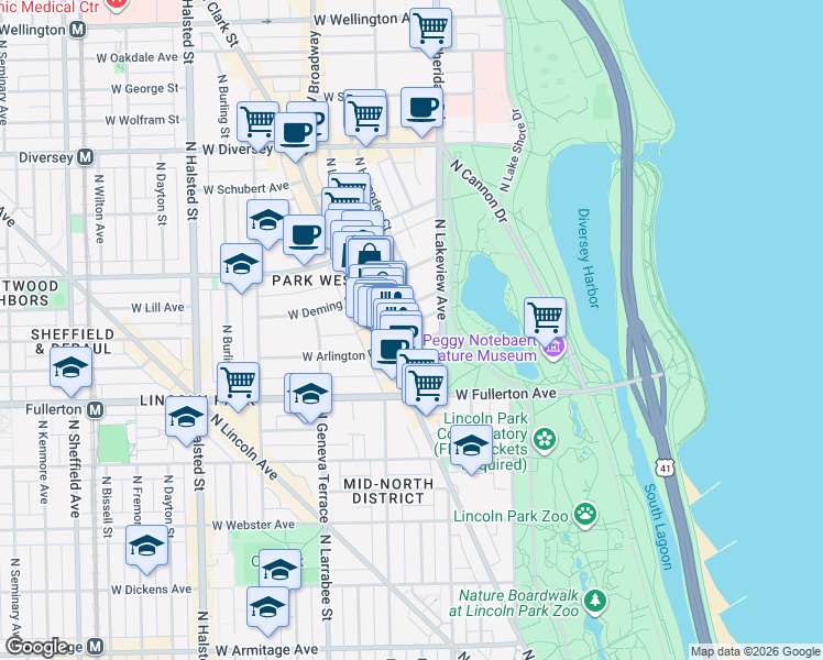 map of restaurants, bars, coffee shops, grocery stores, and more near 437 West Roslyn Place in Chicago