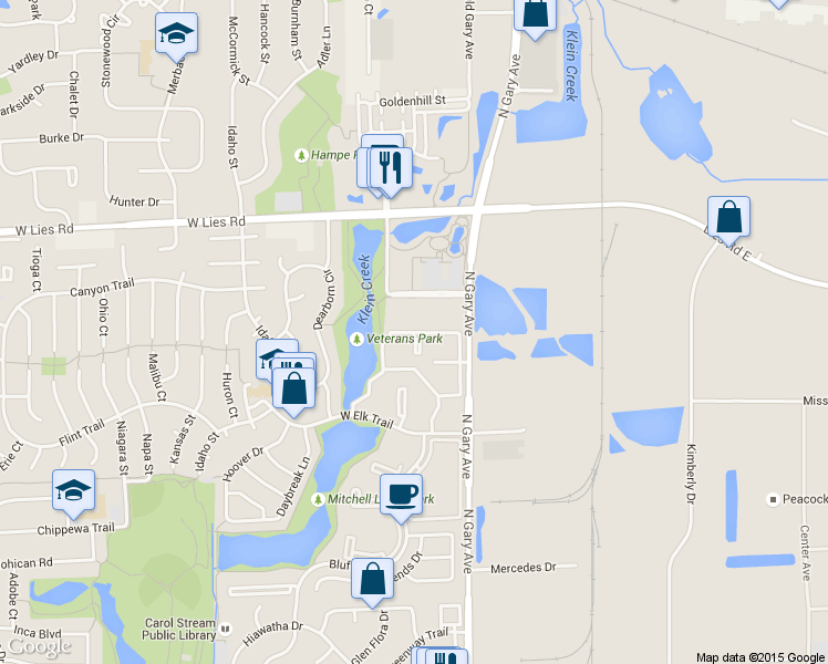 map of restaurants, bars, coffee shops, grocery stores, and more near 332 Klein Creek Court in Carol Stream