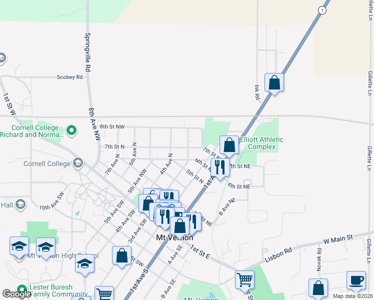 map of restaurants, bars, coffee shops, grocery stores, and more near 300 7th Street Southeast in Mount Vernon