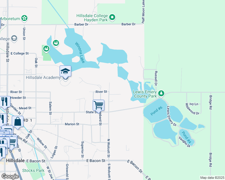 map of restaurants, bars, coffee shops, grocery stores, and more near 402 North Wolcott Street in Hillsdale