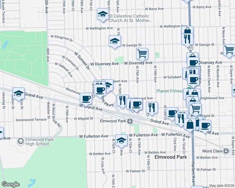 map of restaurants, bars, coffee shops, grocery stores, and more near 39 Conti Parkway in Elmwood Park