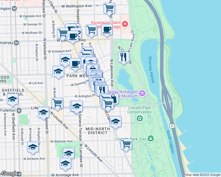 map of restaurants, bars, coffee shops, grocery stores, and more near 2466 North Lakeview Avenue in Chicago
