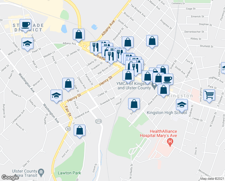 map of restaurants, bars, coffee shops, grocery stores, and more near 86 Cedar Street in Kingston