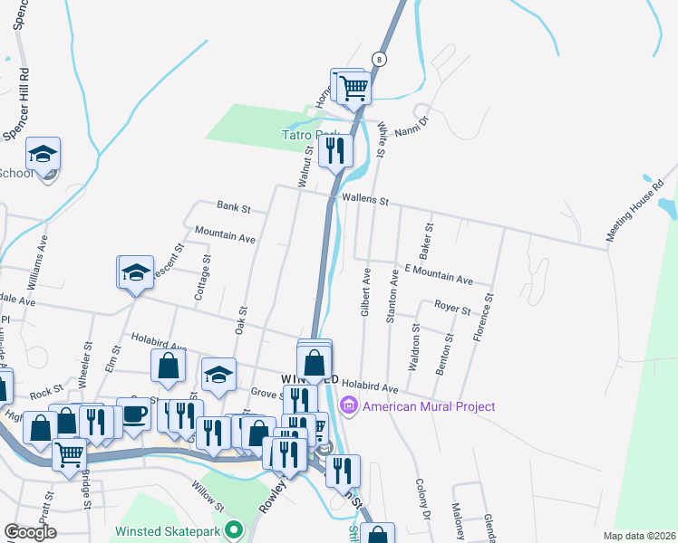 map of restaurants, bars, coffee shops, grocery stores, and more near 239 North Main Street in Winsted