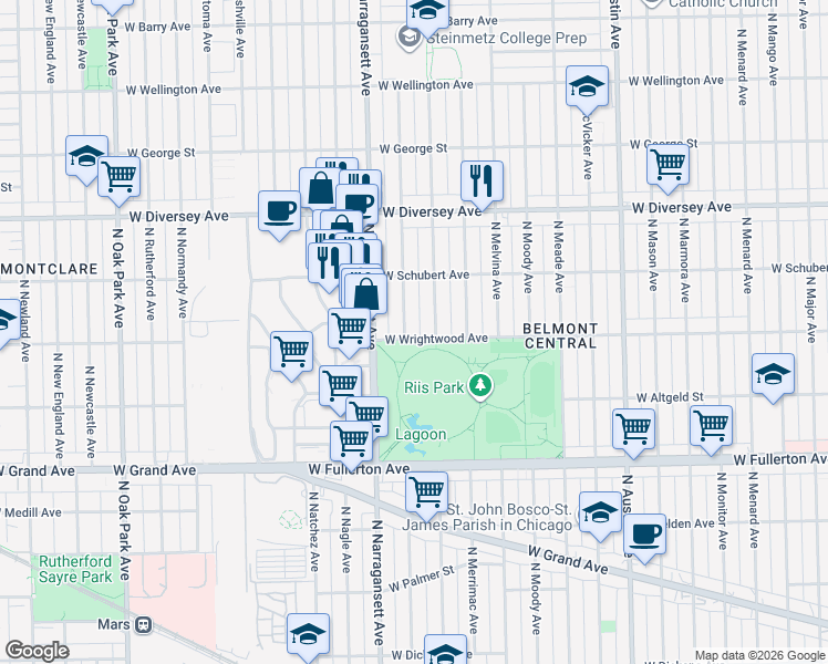 map of restaurants, bars, coffee shops, grocery stores, and more near 2620 North Mulligan Avenue in Chicago