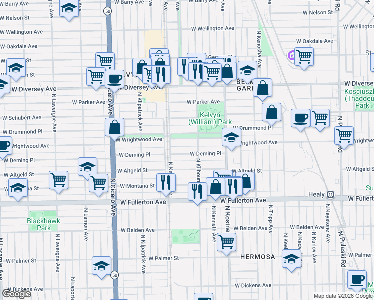 map of restaurants, bars, coffee shops, grocery stores, and more near 4507 West Wrightwood Avenue in Chicago
