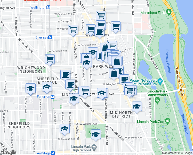 map of restaurants, bars, coffee shops, grocery stores, and more near 618 West Deming Place in Chicago