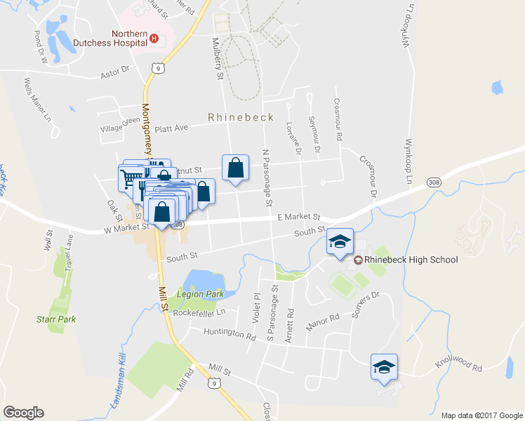 map of restaurants, bars, coffee shops, grocery stores, and more near 107 East Market Street in Rhinebeck