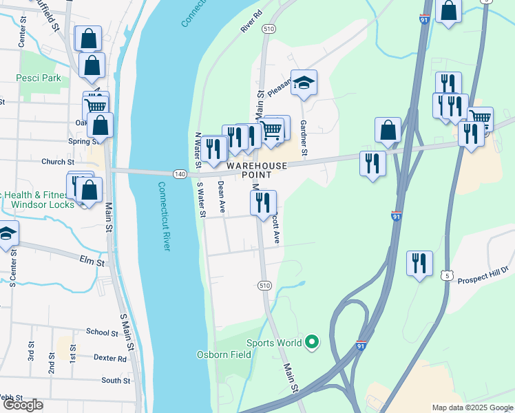 map of restaurants, bars, coffee shops, grocery stores, and more near 124 Main St in East Windsor