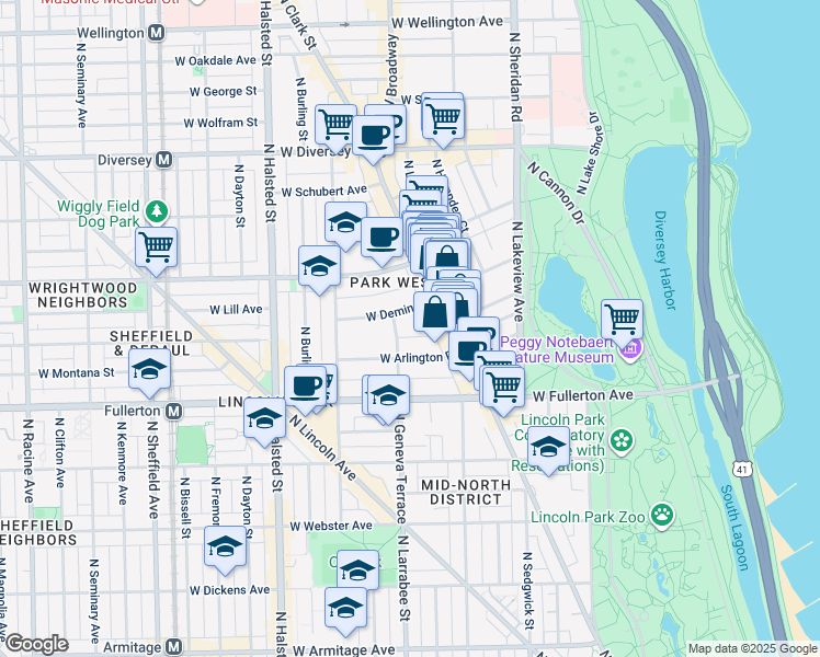 map of restaurants, bars, coffee shops, grocery stores, and more near 601 West Deming Place in Chicago