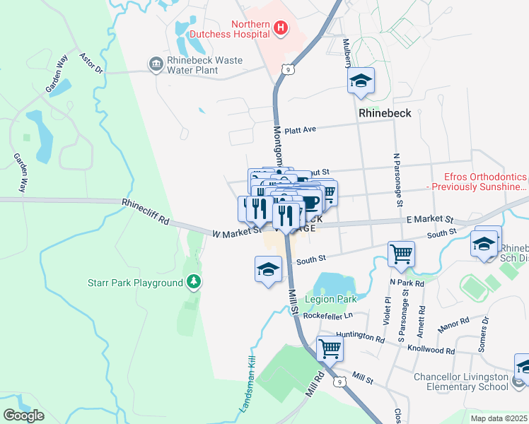 map of restaurants, bars, coffee shops, grocery stores, and more near 24 Garden Street in Rhinebeck