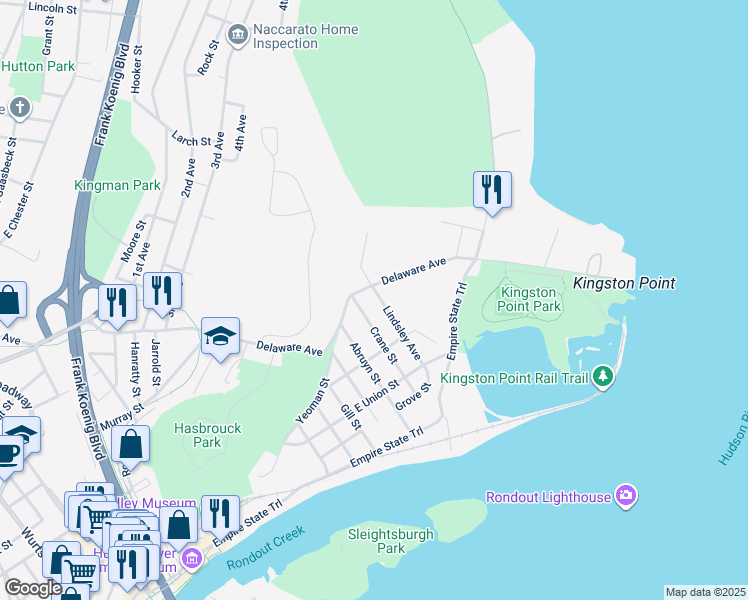 map of restaurants, bars, coffee shops, grocery stores, and more near 70 Lindsley Avenue in Kingston