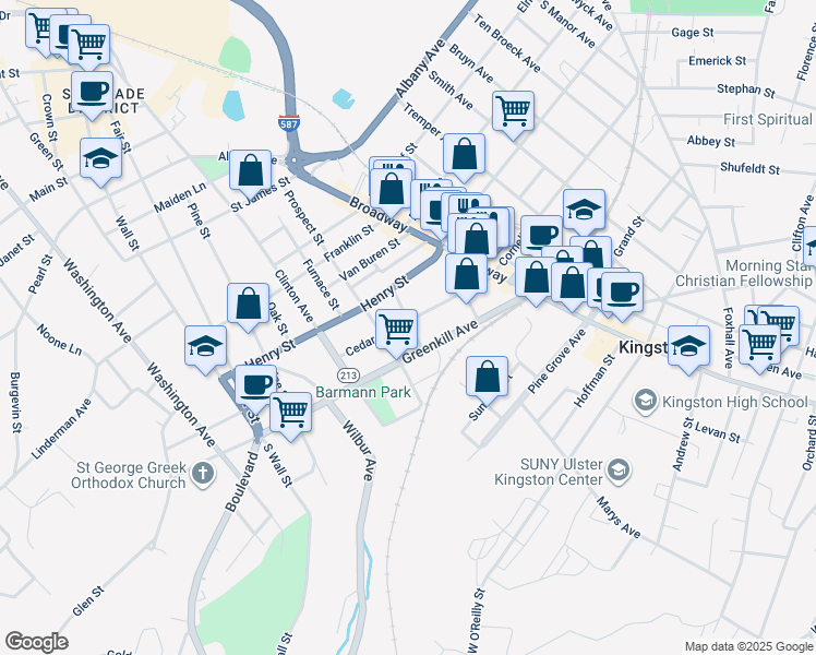 map of restaurants, bars, coffee shops, grocery stores, and more near 83 Cedar Street in Kingston