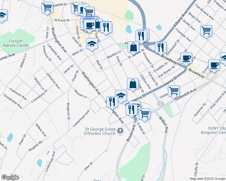 map of restaurants, bars, coffee shops, grocery stores, and more near 129 Wall Street in Kingston