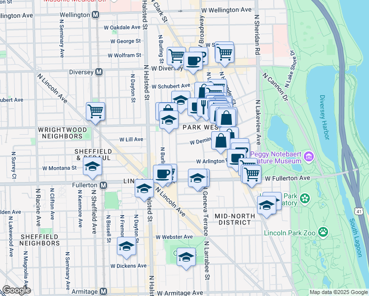map of restaurants, bars, coffee shops, grocery stores, and more near 618 West Deming Place in Chicago