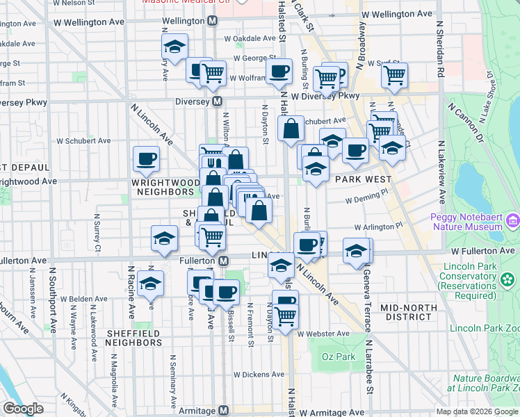 map of restaurants, bars, coffee shops, grocery stores, and more near 855 West Lill Avenue in Chicago