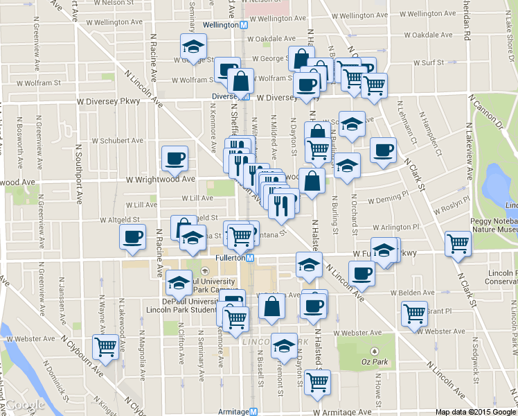 map of restaurants, bars, coffee shops, grocery stores, and more near in Chicago