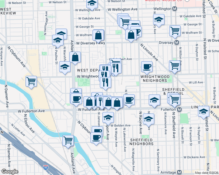 map of restaurants, bars, coffee shops, grocery stores, and more near 2531 North Southport Avenue in Chicago