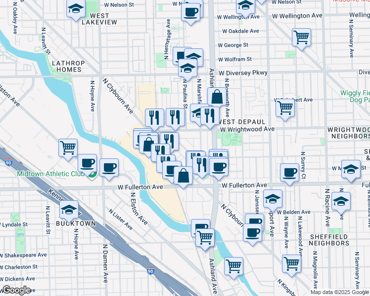 map of restaurants, bars, coffee shops, grocery stores, and more near 1740 West Altgeld Street in Chicago