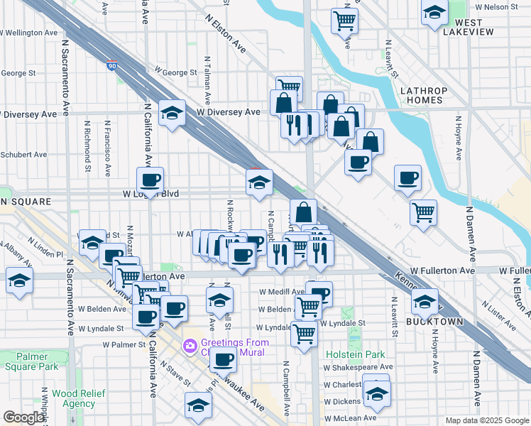 map of restaurants, bars, coffee shops, grocery stores, and more near 2518 North Campbell Avenue in Chicago