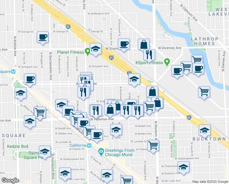 map of restaurants, bars, coffee shops, grocery stores, and more near 2603 West Logan Boulevard in Chicago